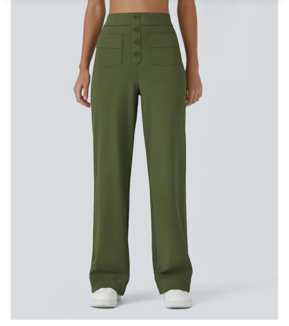 MINTREUS Women's Green High Rise Button Front Straight Leg Khaki Pants XL